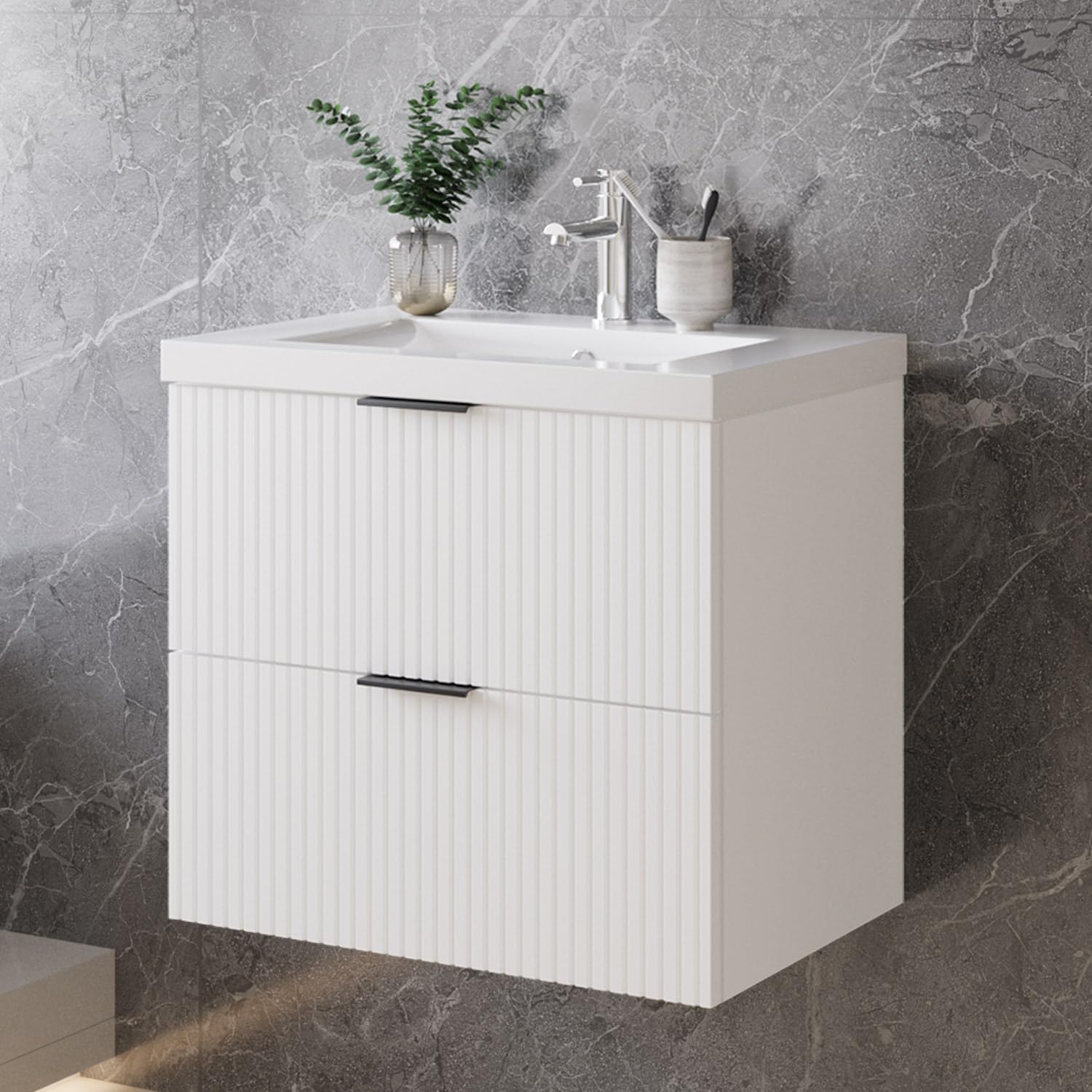 Skybathroom Wall Hung 600mm Bathroom Vanity Unit with Basin Cabinet 2 Soft-close Drawers Sink Unit