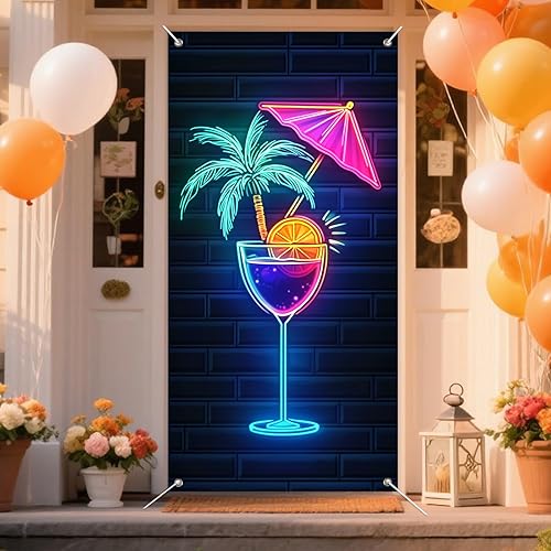 Miniatura 5 de IVN Cubierta para puerta de cóctel de neón, póster de luz LED, diseño de palmera y paraguas con rodaja naranja, vibrante brillo de neón de 12 x 18