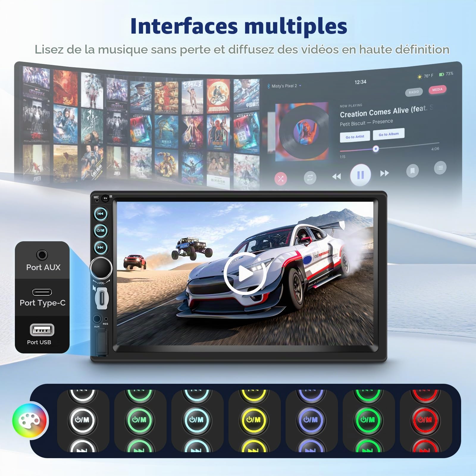 Hodozzy Autoradio 2 Din avec Carplay sans Fil Android Auto, Écran Tactile 7 Pouces Poste Radio Voiture Double Din Bluetooth, Lien Miroir, FM Type-C/USB/AUX, MP5 Lecteur Autoradio avec Caméra Recul