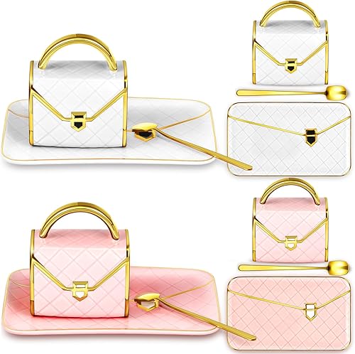 Zubebe 2 juegos de tazas de café, elegantes tazas con forma de bolso, taza de cerámica moderna de Navidad con cuchara y platillo, taza de té