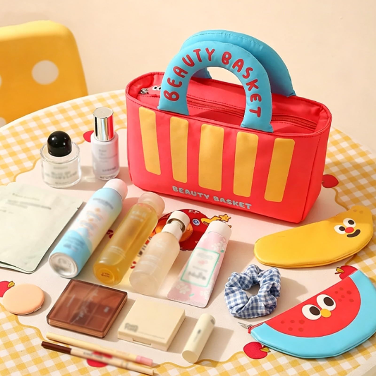 Make Up Tasche mit Leichtgängigem Reißverschluss, Kulturtasche für Reisen, im Retro-Marktkorb-Stil, mit Weichem Griff, für Hautpflege und Tägliche Utensilien