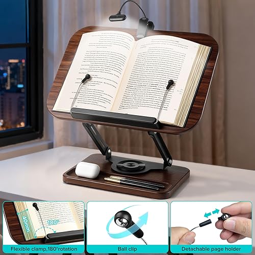 Miniatura 8 de Soporte para libros con luz y almacenamiento, soportes para libros para leer manos libres, soporte de madera para libros de cocina con altura
