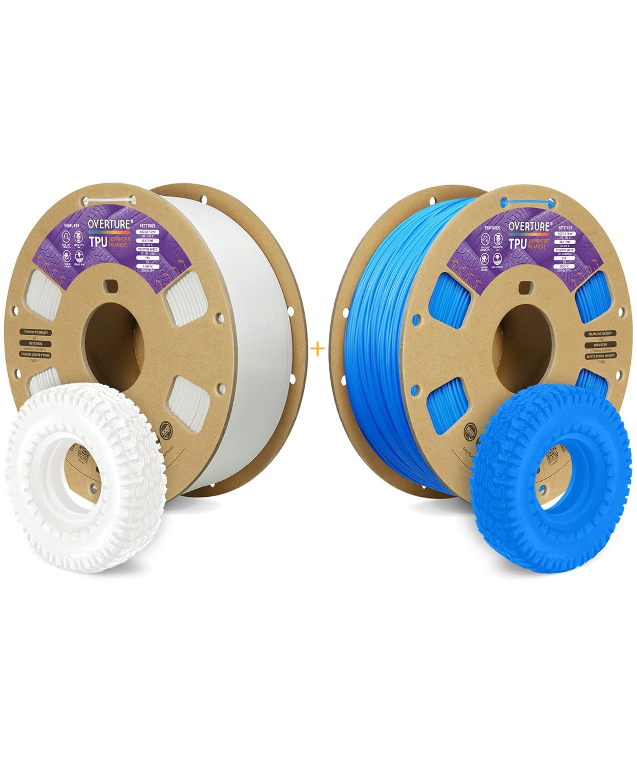 OVERTURE 3D Printer Filament 2kg, TPU Filament Fit Most FDM 3D Printers, 1kg per Spool, Pack of 2, TPU White+TPU Digital Blue