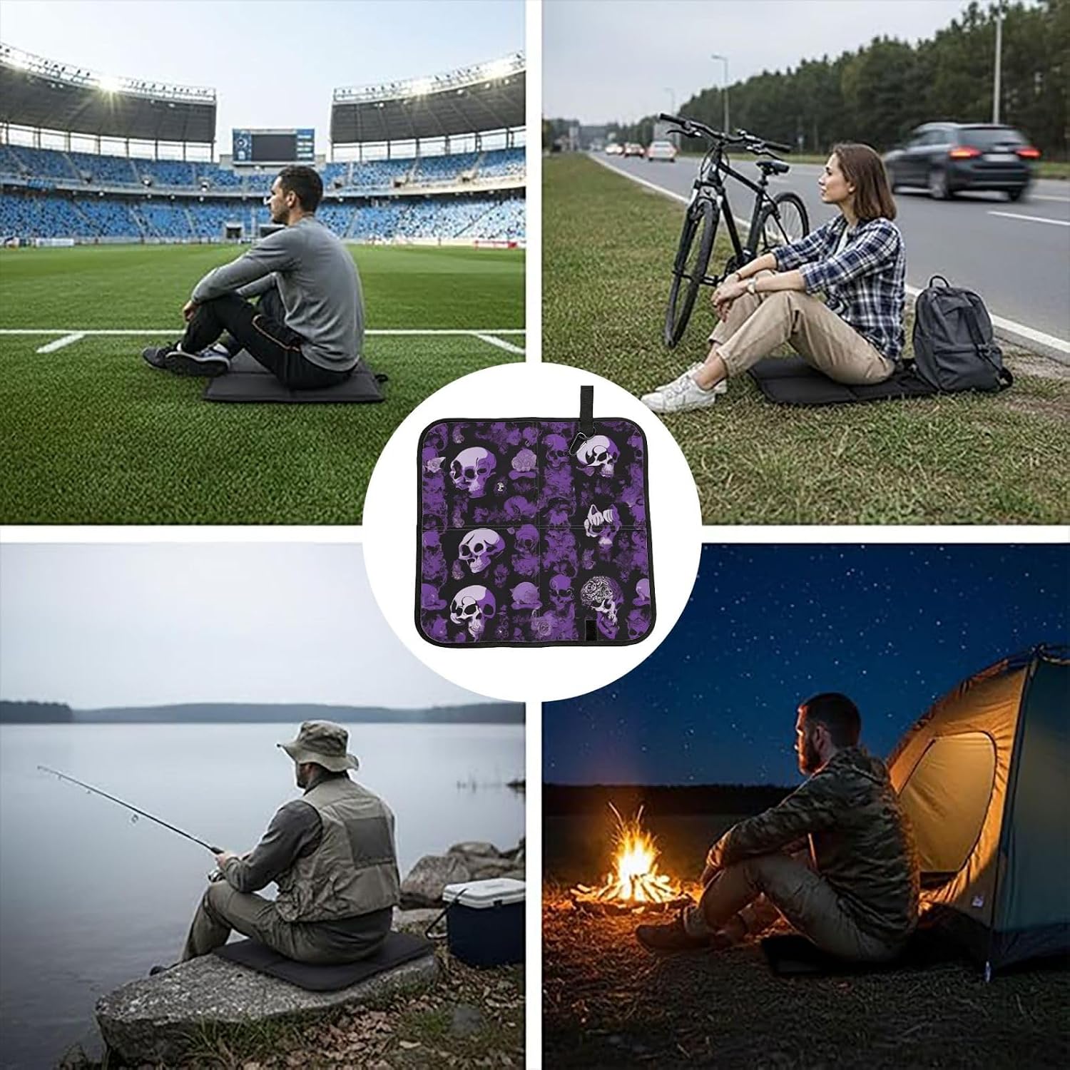 (Purple Black Goth Spooky) Sitting Pad Foldable Seat Cushion Lightweight Camping Seat Mat with Hook for Outdoor Hiking Picnic Camping