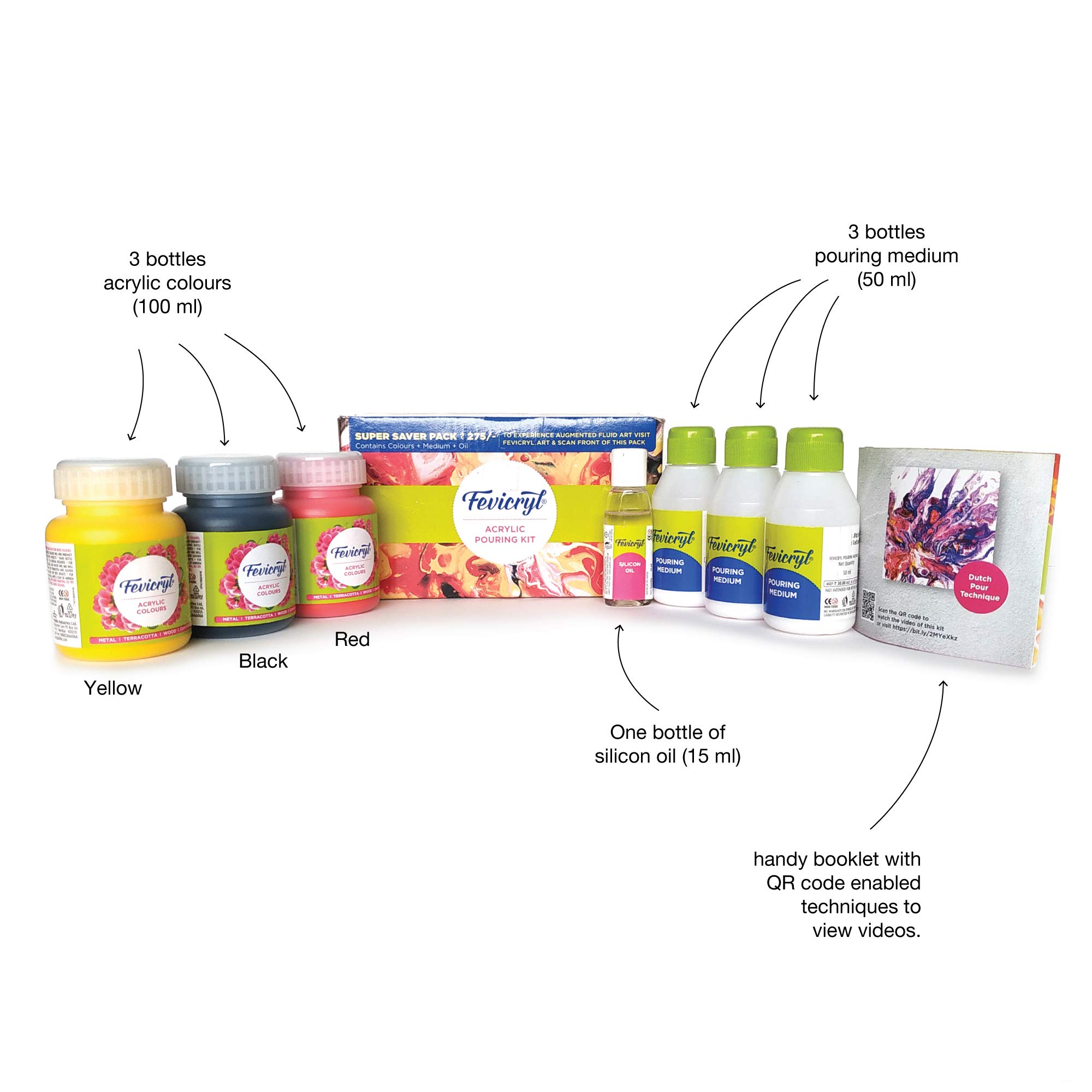 Fevicryl Fluid Acrylic Pouring Kit, 3 Acrylic Colours (100ml Each), 3 Pouring Mediums, 1 Silicon Oil