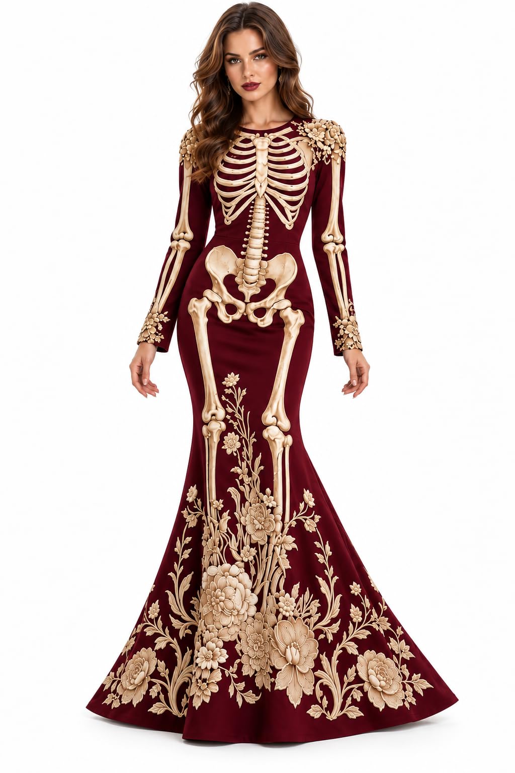 Women's Skeleton Print Mermaid Maxi Dress Long Sleeve Halloween Dresses for Women 3D Digital Print Floral Gothic Fancy Dress Costume — image 1