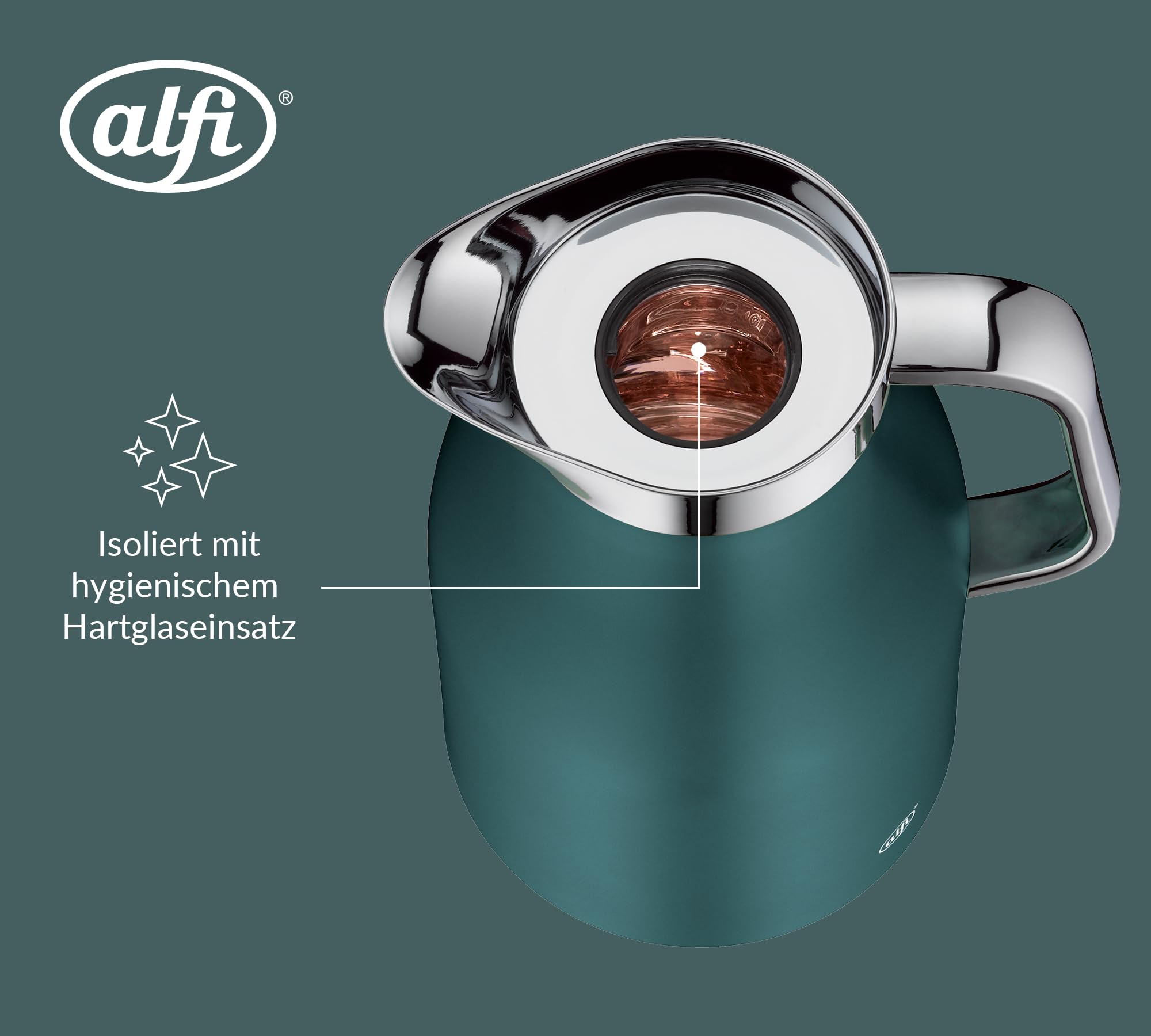 alfi SKYLINE 1,0l, sea pine, Edelstahl-Isolierkanne mit hygienischem Hartglaseinsatz, Drehverschluss mit bequemer Drucktaste, ergonomischer Griff, ideal als Kaffeekanne, Teekanne, BPA-frei