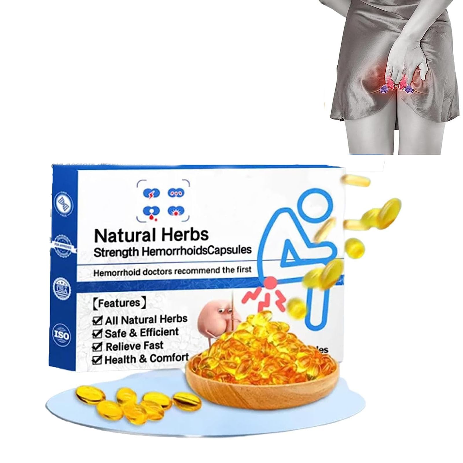 Goniome 1/2/3Box Natural Herbal Strength Hemorrhoid Capsules,Hemorrhoid Suppository,Natural Hemorrhoid Relief Capsules,Rapid Hemorrhoid Treatment,Helps Relieve Itching,Burning, Pain (1 Box)