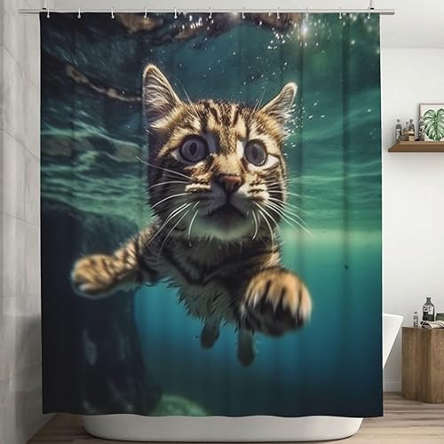 TIYAANDSY Cortina de ducha de gato subacuático para baño, divertido juego de cortinas de ducha bohemio, tela hippie, moderna, impermeable,