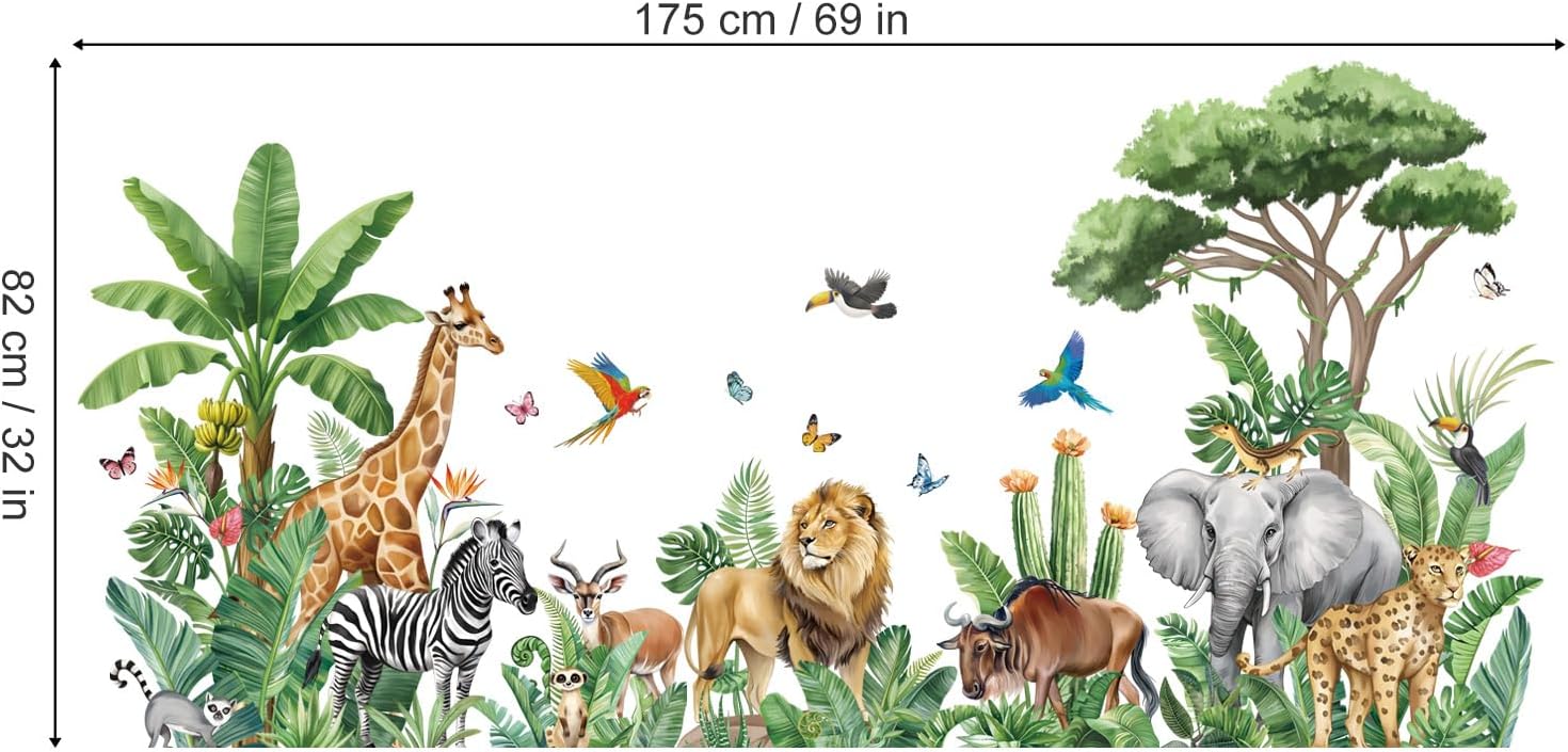 wondever Large Safari Animals Tropical Tree Wall Stickers Jungle Animals Giraffe Elephant Leopard Peel and Stick Wall Art Decals for Kids Room Baby Nursery Toddler Room