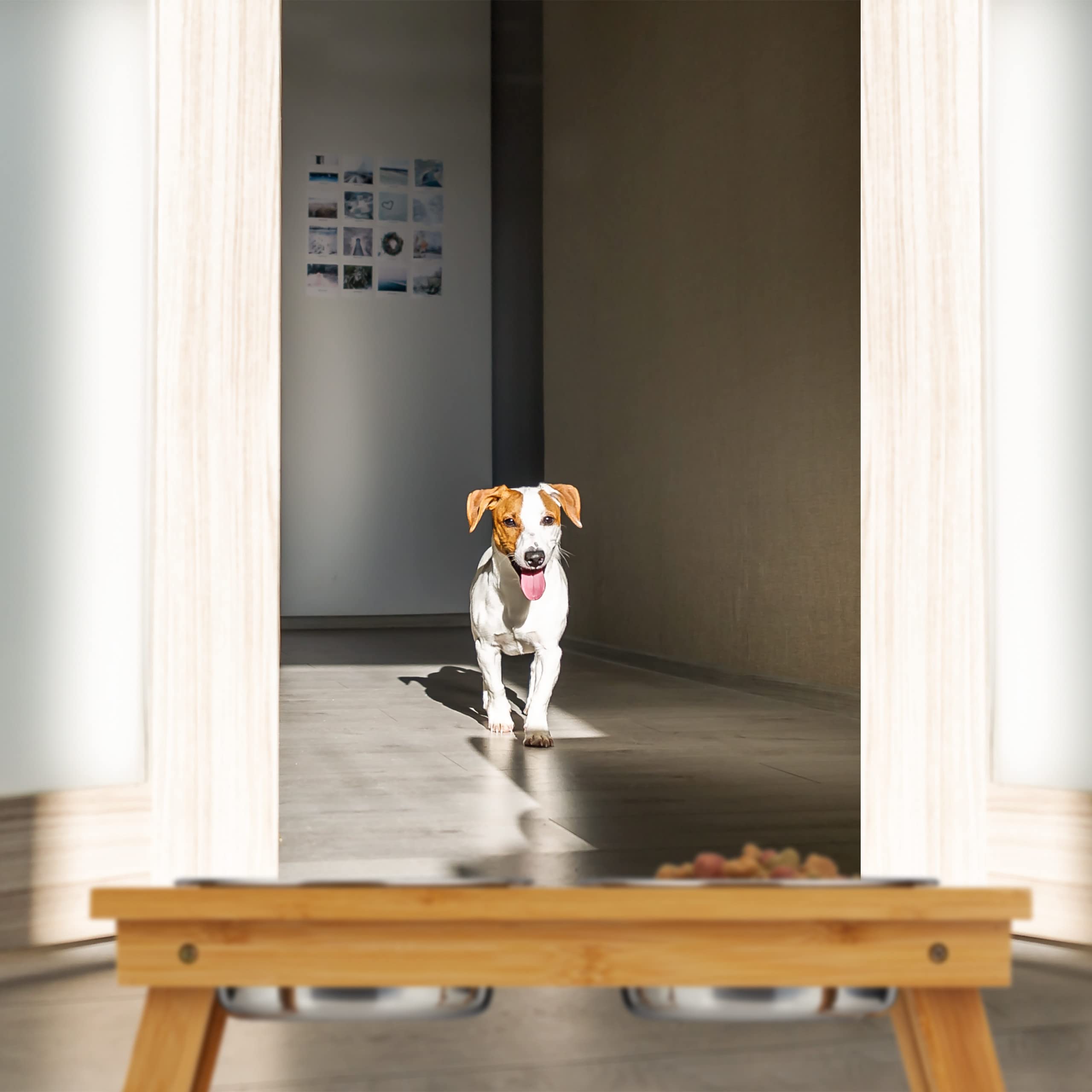 relaxdays Ciotole Rialzate, per Cani di Media Taglia, Acqua & Cibo, Regolabile & Pieghevole, 31x70x23 cm, Legno Naturale