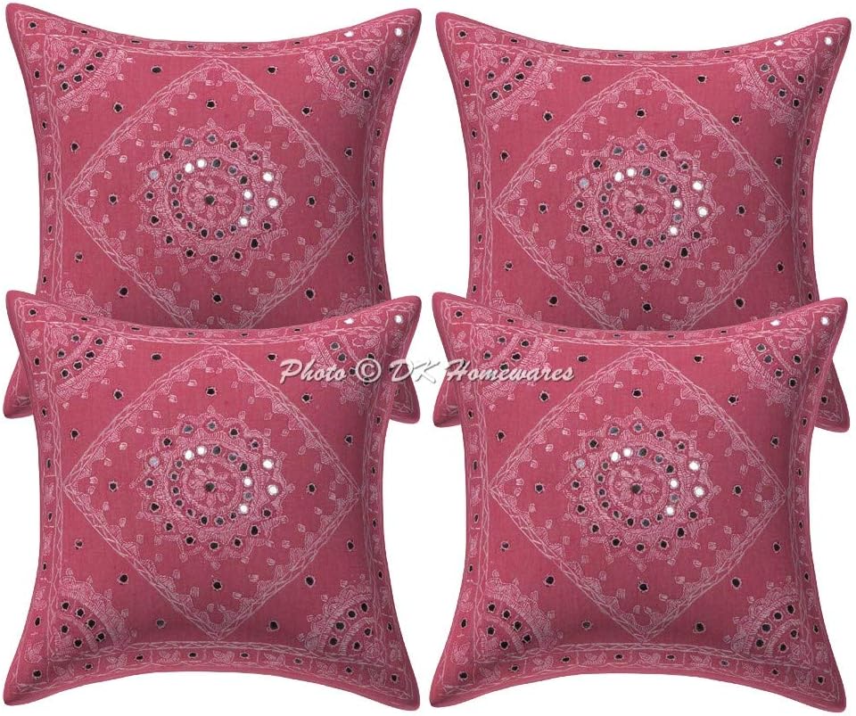 Indian Decorative Sofa Throw Pillowcases 16x16 Inch Cotton Embroidered Mirrored Bohemian Square Couch Cushion Covers (Size - 40x40 cm ; Color: Baby Pink) - Set of 4 Pcs (Cover Only)