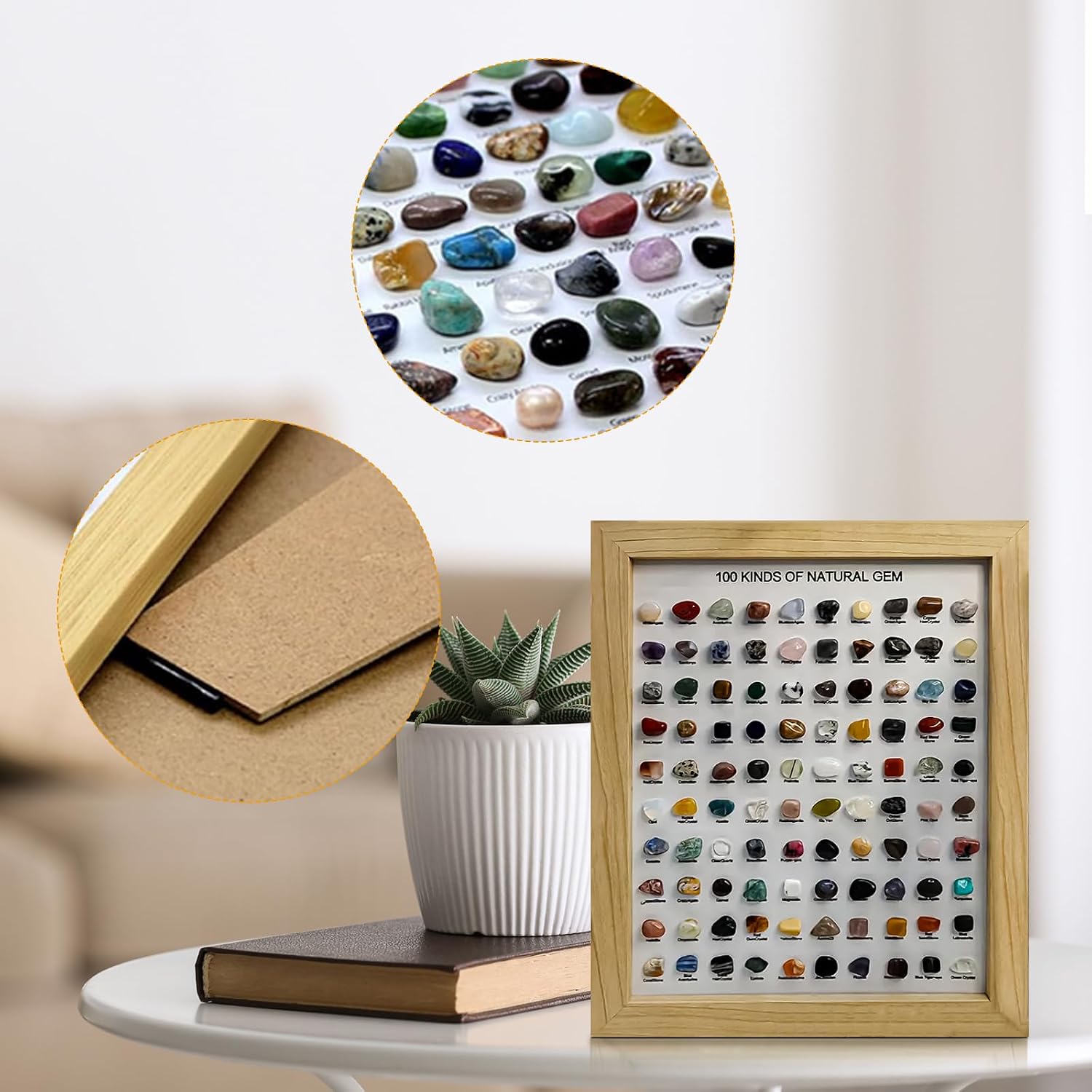 100 Pcs Natural Crystal Stones Collection with Picture Frame, Natural Mineral Specimens for Home Decor, Gifts & Educational Use, 23x28cm Frame & 1.9-2.5cm Stones (Log colour)