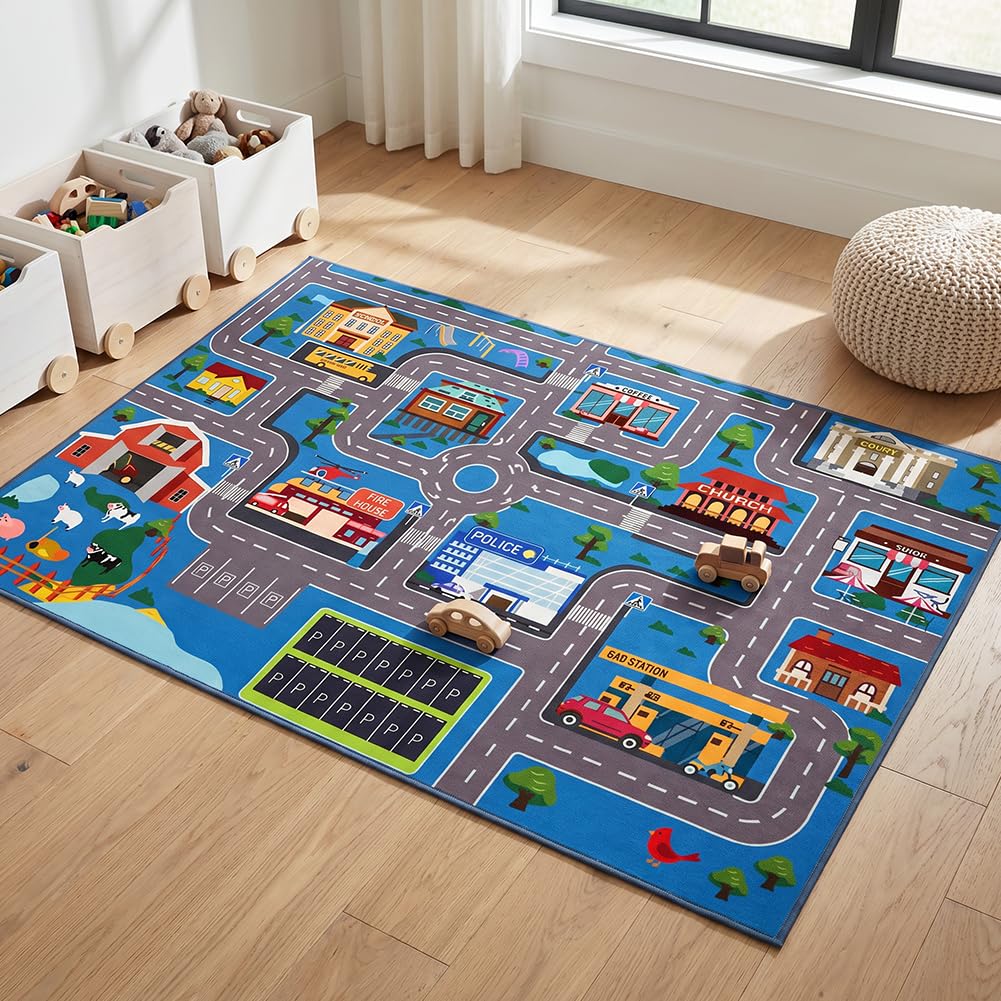 Spiritzohic Car Play Mat Carpet, Carpet Playmat Rug City Road Play Rug Carpets Playmat Car Road Rugs for Bedroom Classroom Nursery Room Playroom Decor(60x90cm)