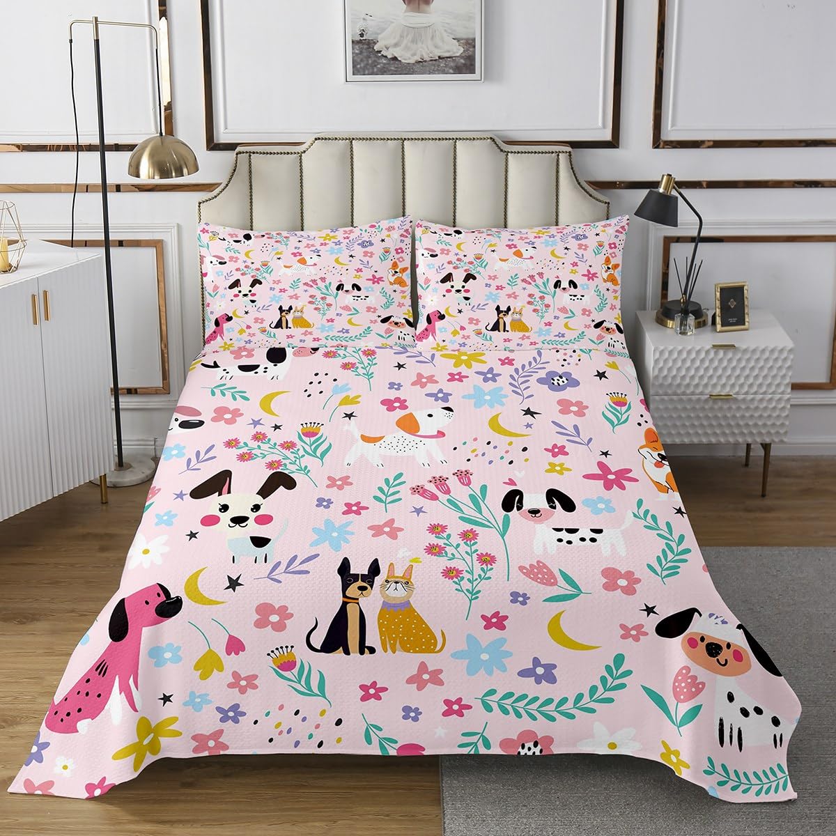 jejeloiu Cute Dog Coverlet Set Puppy Dog Bedspread for Kids Boys Girls Teens Room Decor Cute Poppy Pet Lovely Animal Quilted Coverlet King Size Botanical Floral Blossom Quilted