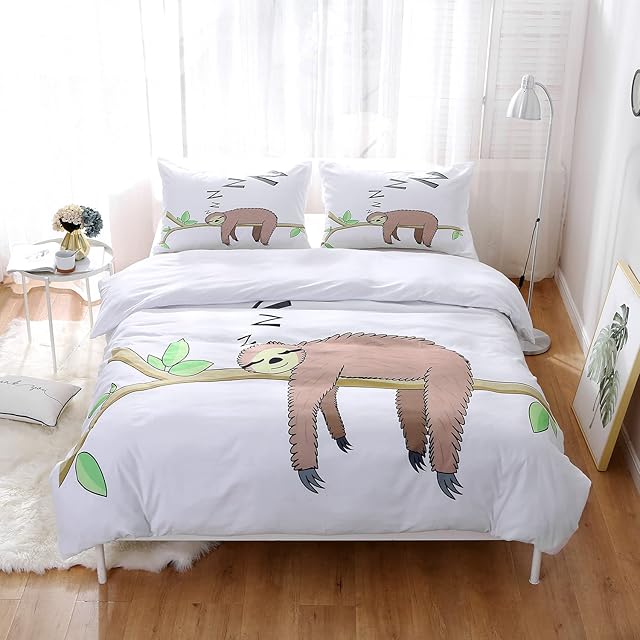 HLWDXno1 Sloth Duvet Cover Sets Single Animal Print Bedding Set with Zipper Closure 3 Pieces Quilt Cover Set with Pillow Cases Ultra Soft Brushed Microfiber for Kids (Single/140x200cm)