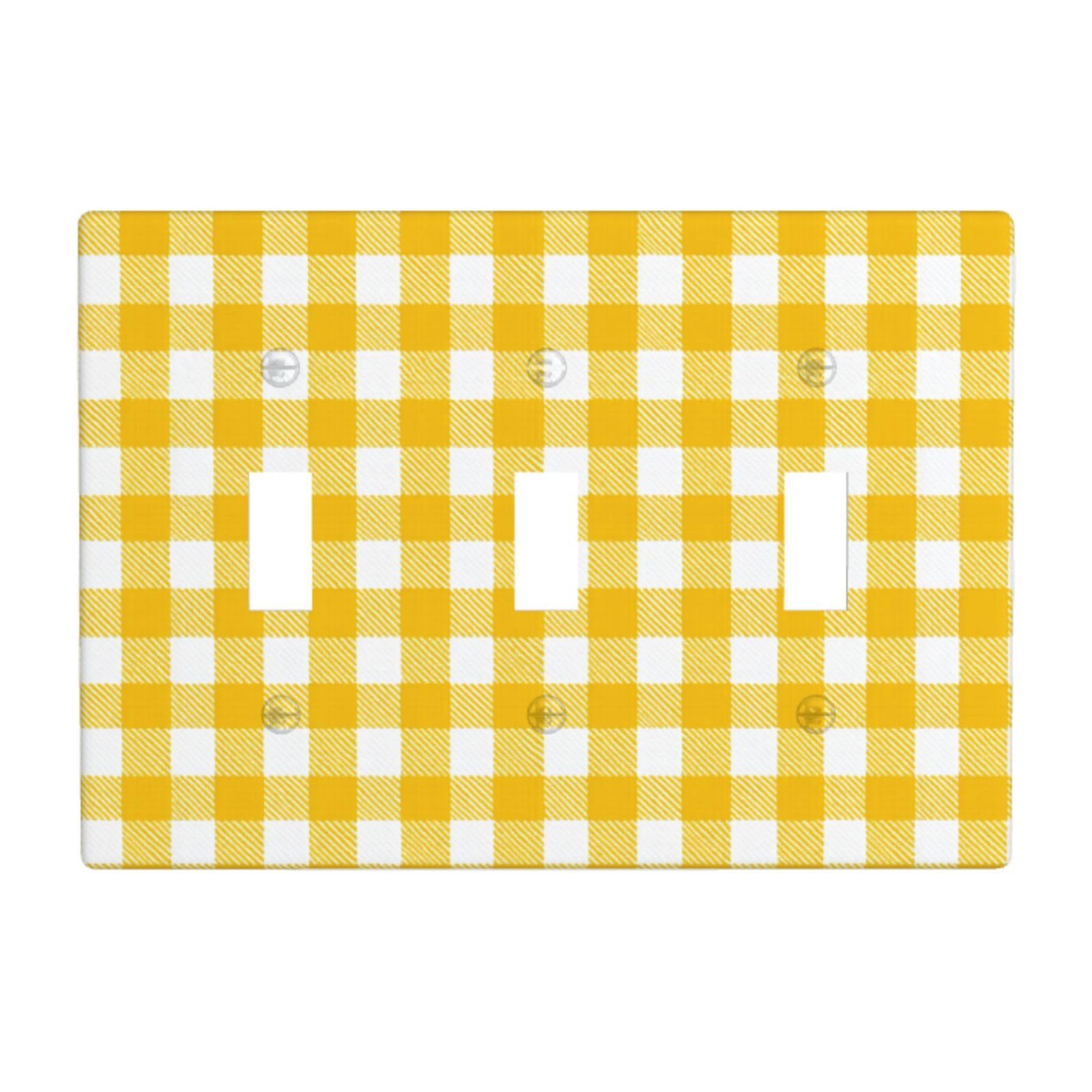Woshuwo White Yellow Checkered Pattern Light Switch Covers 3 Gang Triple Toggle Wall Plate Switchplate Electrical Faceplate For Bathroom Kitchen Bedroom Decor