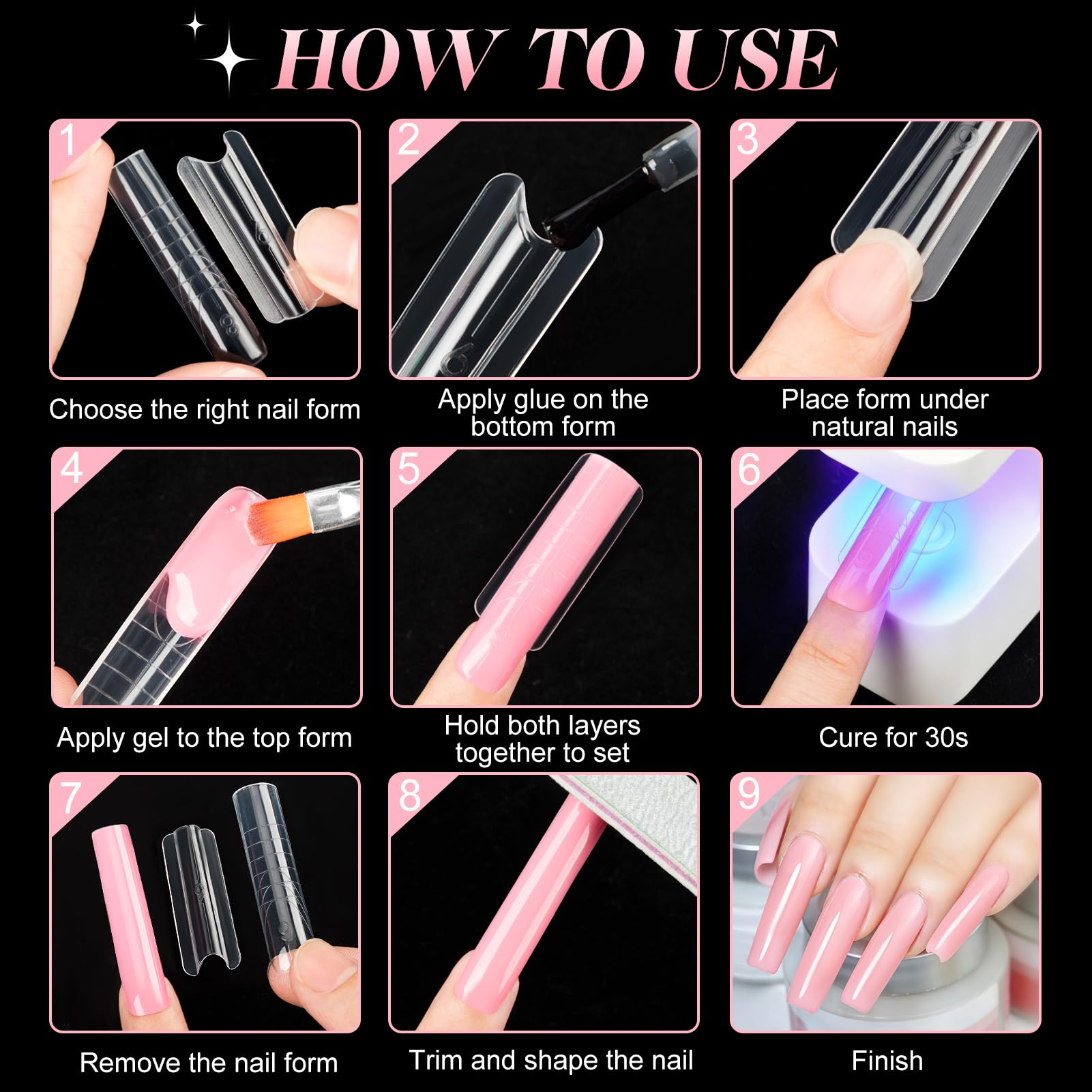 MELLIEX 240 szt. Dual Form Sandwich, 15 rozmiarów żelowe formy do paznokci wielokrotnego użytku formy do przedłużania paznokci extra długie do salonu manicure DIY (kwadrat)
