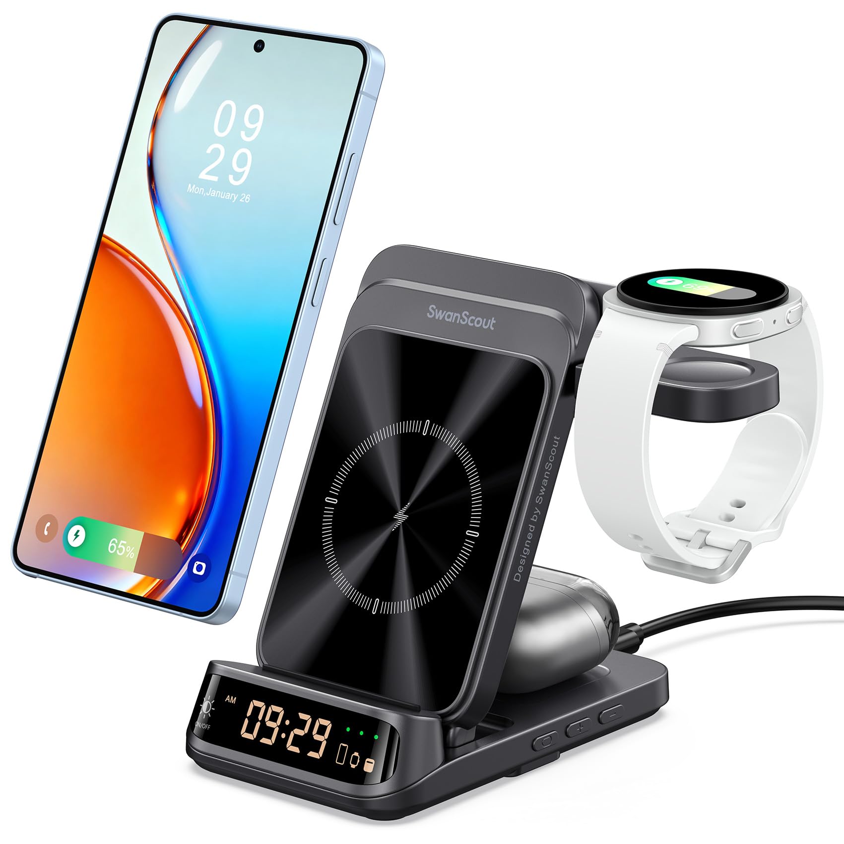 SwanScout Induktive Ladestation für Samsung Galaxy S26 Ultra/S26+/S26/S25/S24/S23/S22/S21, für Galaxy Watch Ultra/8/8 Classic/Ultra/7/6/5/4, für Galaxy Buds4 Pro, SwanScout 708S (Ohne Adapter) | für Galaxy S26 Ultra/S26+/S25/S24/S23/S22/S21, Galaxy Watch