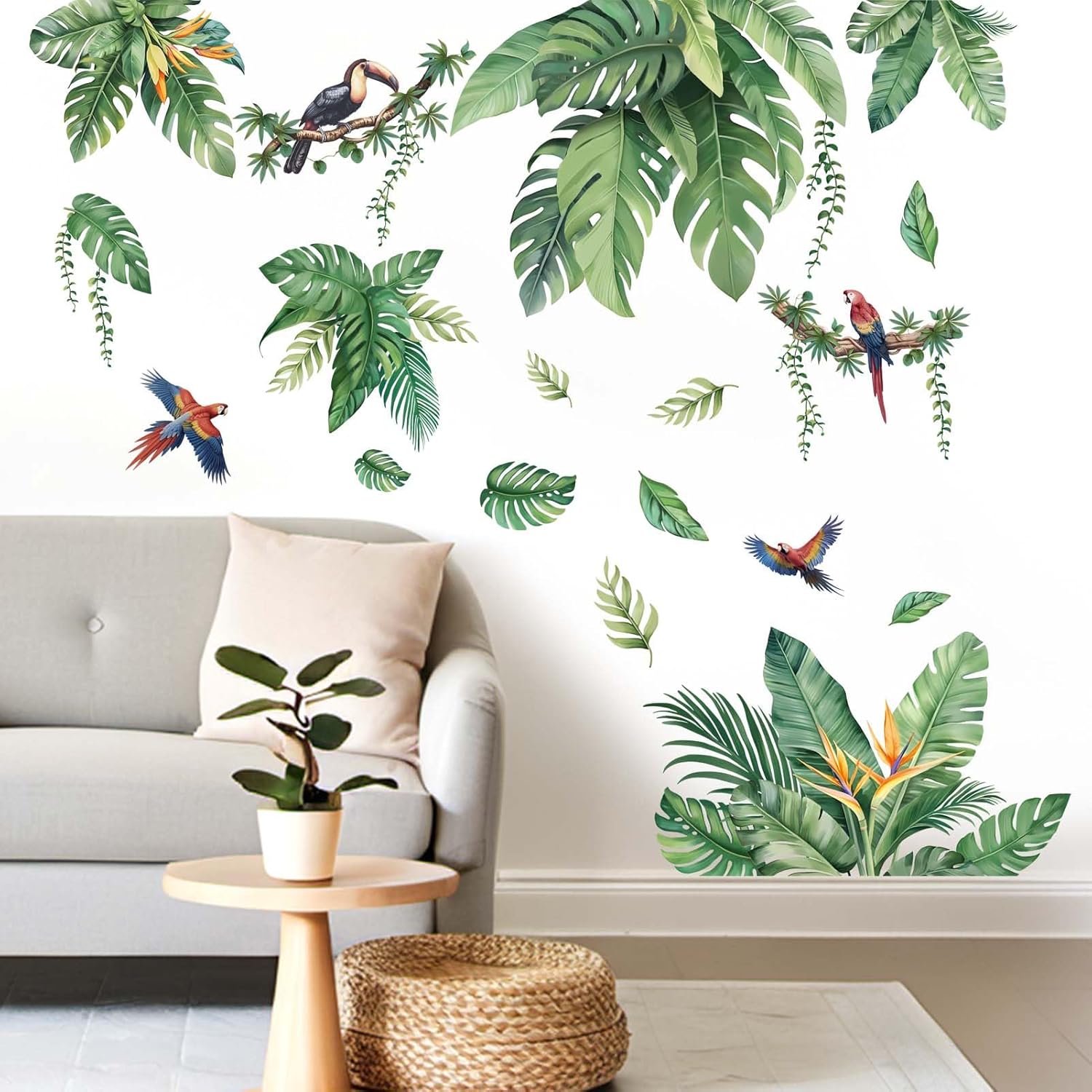 Leaves Wall Stickers for Living Room: Peel and Stick Tropical Plant Green Hanging Leaf Wall Decals - Bedroom Office Sofa TV Background Home Wall Decor