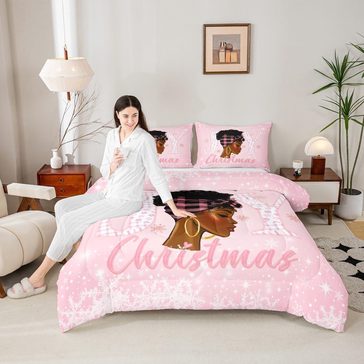 Feelyou Christmas Joy Comforter Set All Season African American Women Bedding Set with 2 Pillow Cases Merry Xmas Black Girl Kids Full Bedclothes Pink Bedroom Decor Duvet Quilt Soft Lightweight