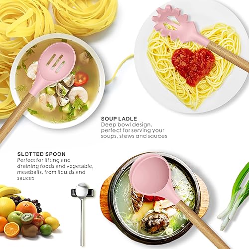 Miniatura 2 de Juego de 14 utensilios de cocina de silicona, resistente al calor de 446 F, espátula, cuchara, cepillo, batidor, asas de madera, juego de