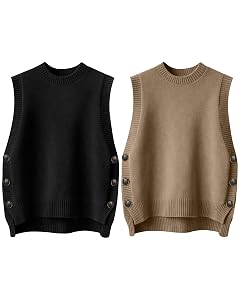 2 Pack Womens Sleeveless Sweater Vest Round Neck Ribbed Knit Sweater Top Casual Loose Fit Pullover Tank Top