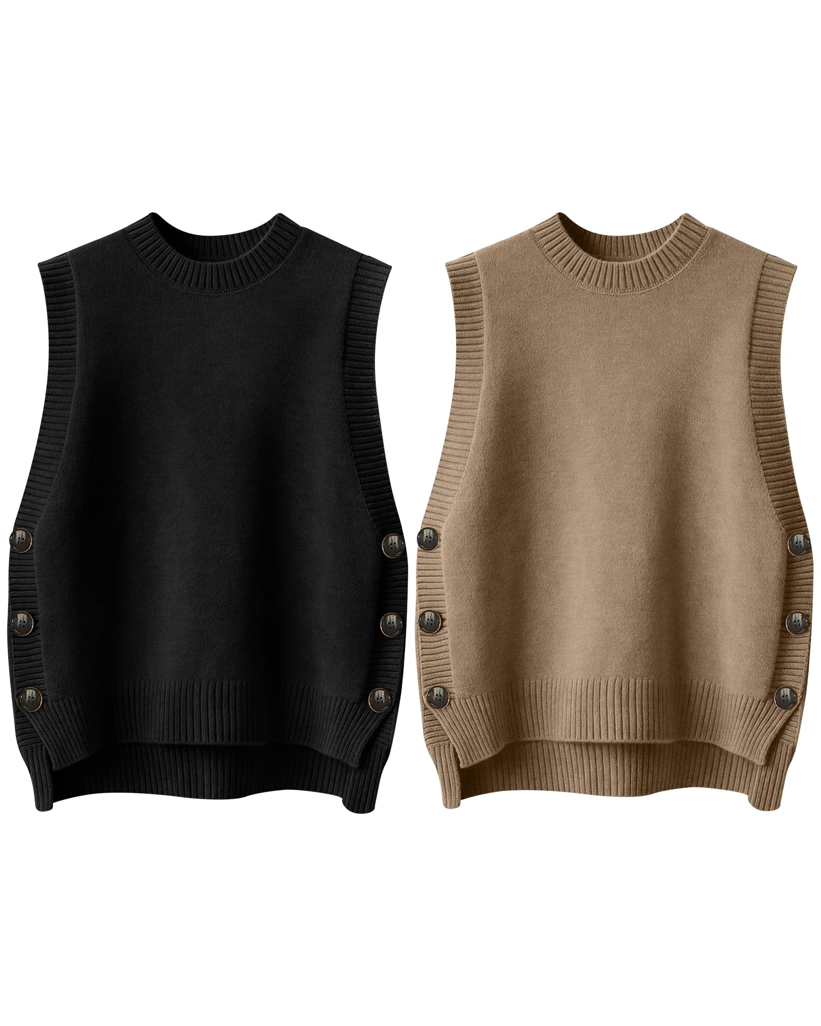 2 Pack Womens Sleeveless Sweater Vest Round Neck Ribbed Knit Sweater Top Casual Loose Fit Pullover Tank Top
