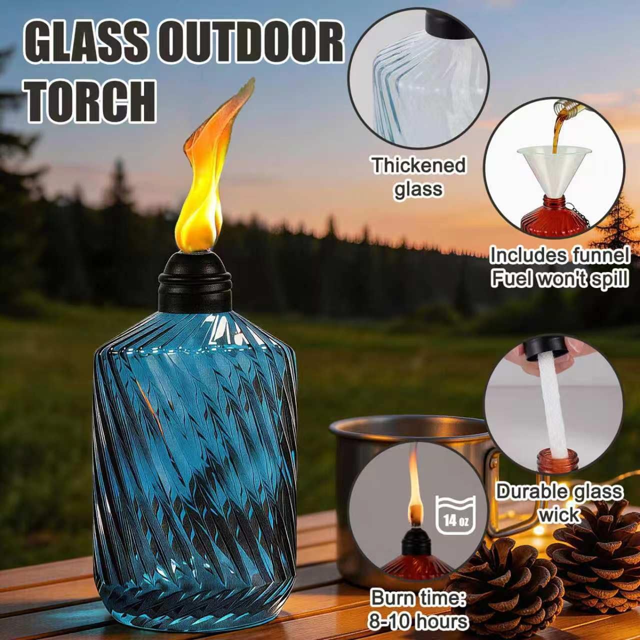 4 Pack Glass Table top Torches, 14 oz Citronella Torches for Outside (Burn Time: 10 Hours) with Wicks & Covers, Decorative Outdoor Torches for Patio, Yard & Party, Multi-Color image 3