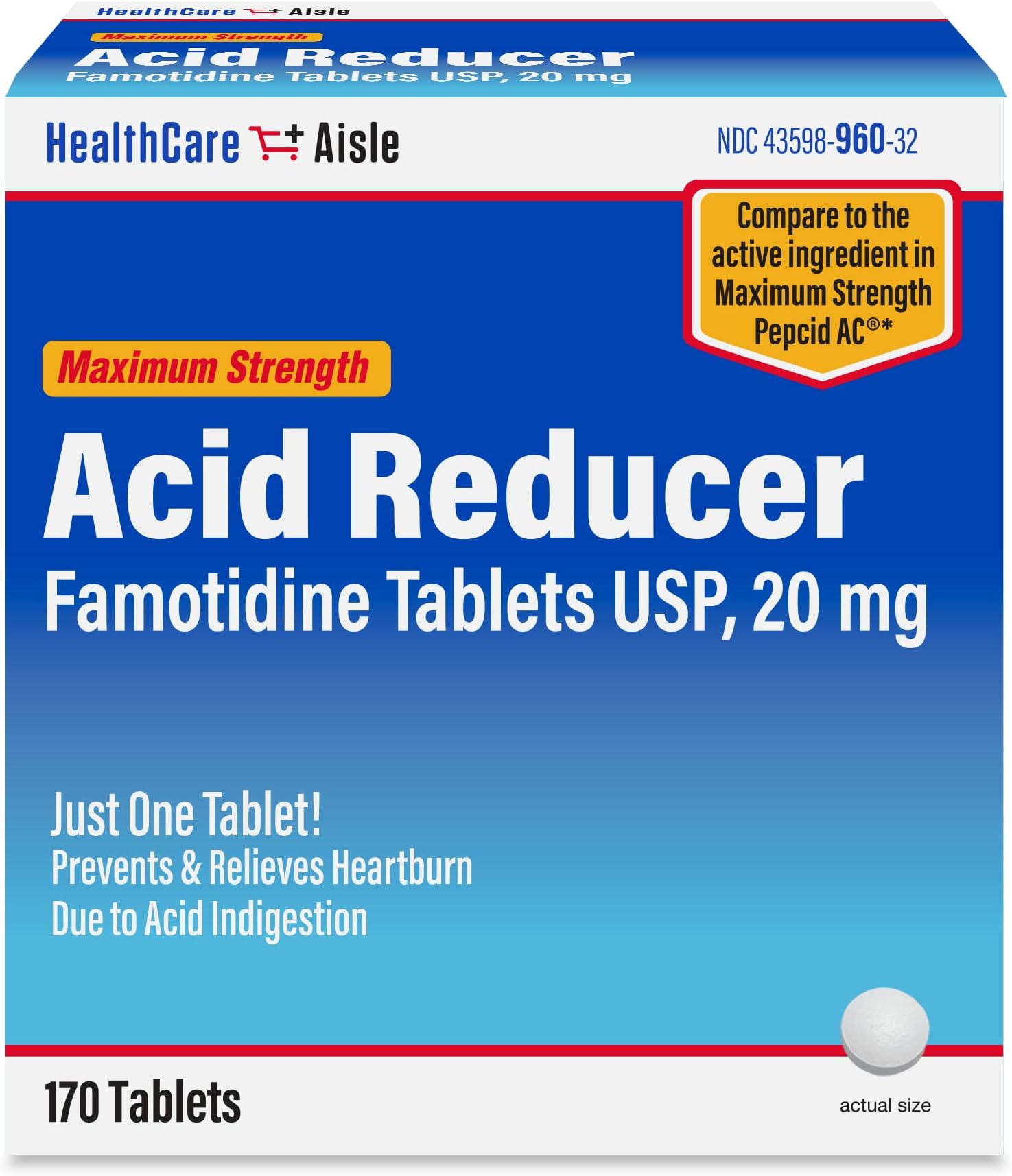 Famotidine 20 mg, 170 Tablets, Maximum Strength Acid Reducer, Prevents and Relieves Heartburn Due to Acid Indigestion