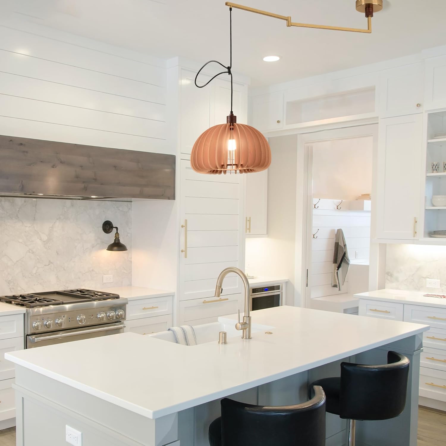 Skyblaze Adjustable Swing Arm Pendant Light Vintage Dining Room Light Flexible Hanging Light Fixtures Wood Pendant Light for Dining Room