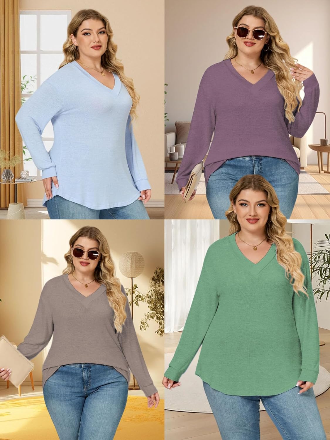 VISLILY Plus-Size-Tops for Women Trendy V Neck T Shirts Casual Dressy Long Sleeve Tunics Tees Loose Fit Blouses XL-5XL - Image 6