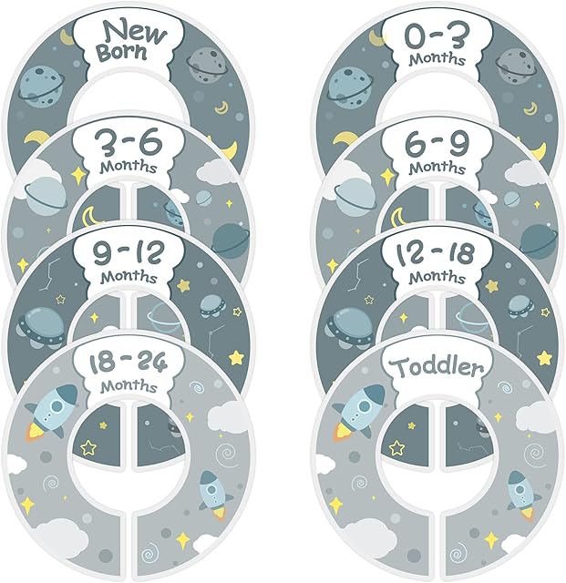 RosewineC 8pcs Original Design Premium Wood Baby Closet Dividers, from Newborn to 24 Month, Baby Closet Organizers, Nursery Decor, Baby Clothes Organizers, Grey