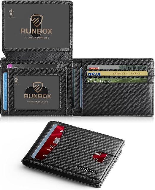 RUNBOX Portefeuille mince pour hommes 15 Fentes Ultra Grande capacité RFID Blocage du titulaire de carte de crédit bifold avec 2 ID Fenêtres minces