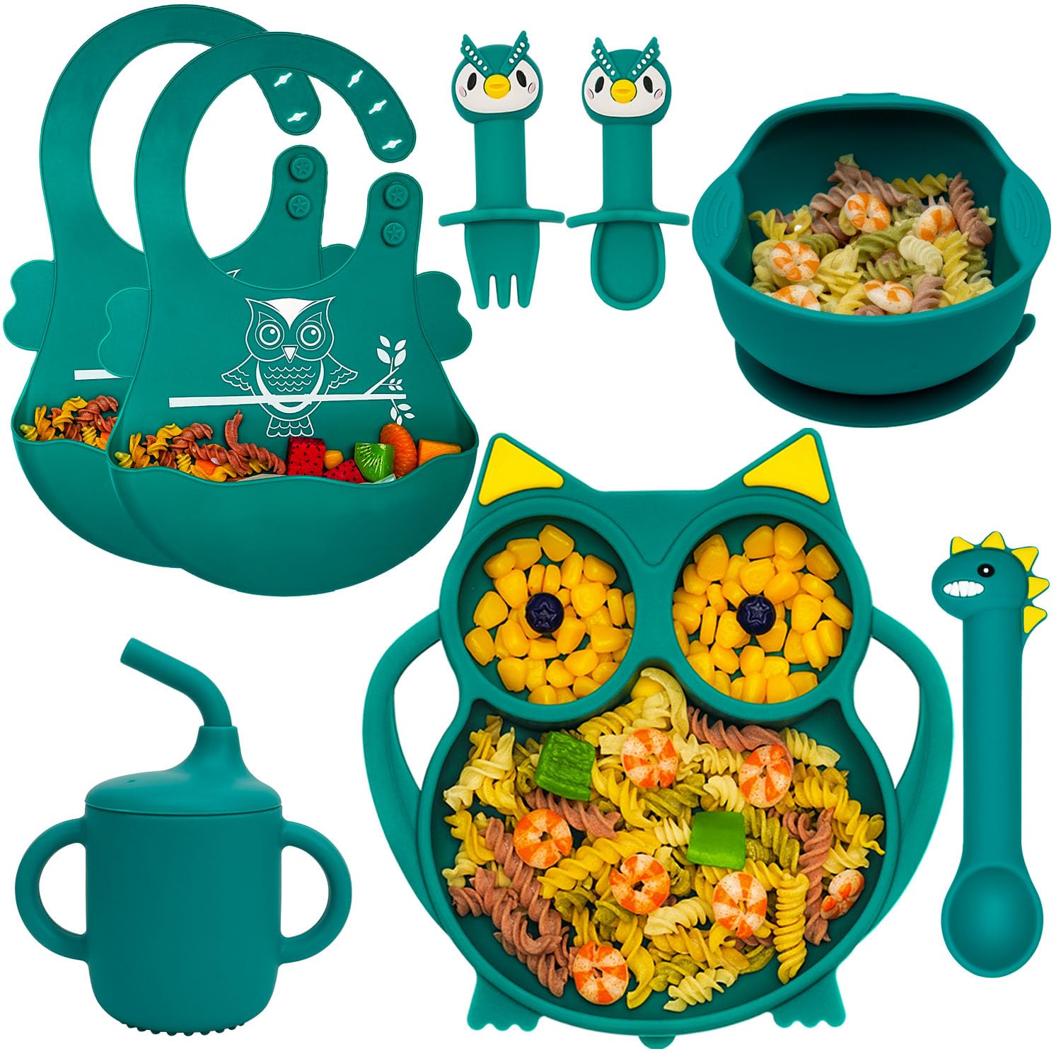 Silicone Feeding Set, Baby Led Weaning Supplies - Suction Plate and Bowl Set, Toddler Self Feeding Dish with Spoons, Forks, Sippy Cup and Adjustable Bib for 6+ Months - Blue