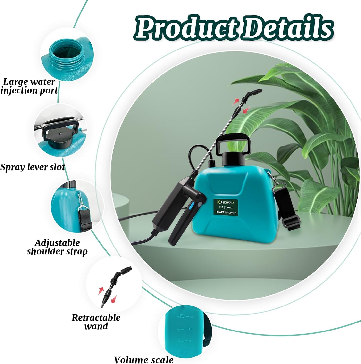Battery Powered Garden Sprayer with 3 Nozzles, 1.35 Gallon Electric Pump Sprayer with Telescopic Wand and USB Rechargeable Handle, Portable Lawn Sprayer with Shoulder Strap for Gardening