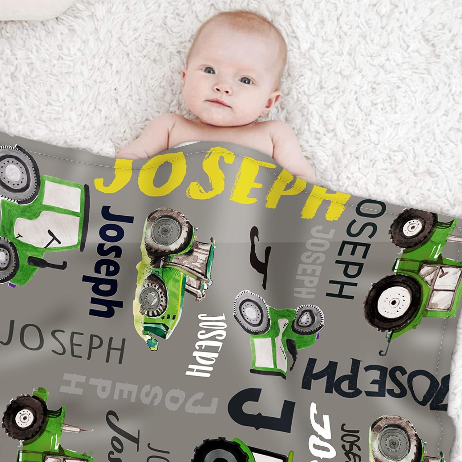 Personalized Tractors Blanket - Custom Name with Farm Tractor Trucks Design - Soft Plush Flannel Bed Blanket for Baby Kid Teen Boys Girls Customized Gifts Grey