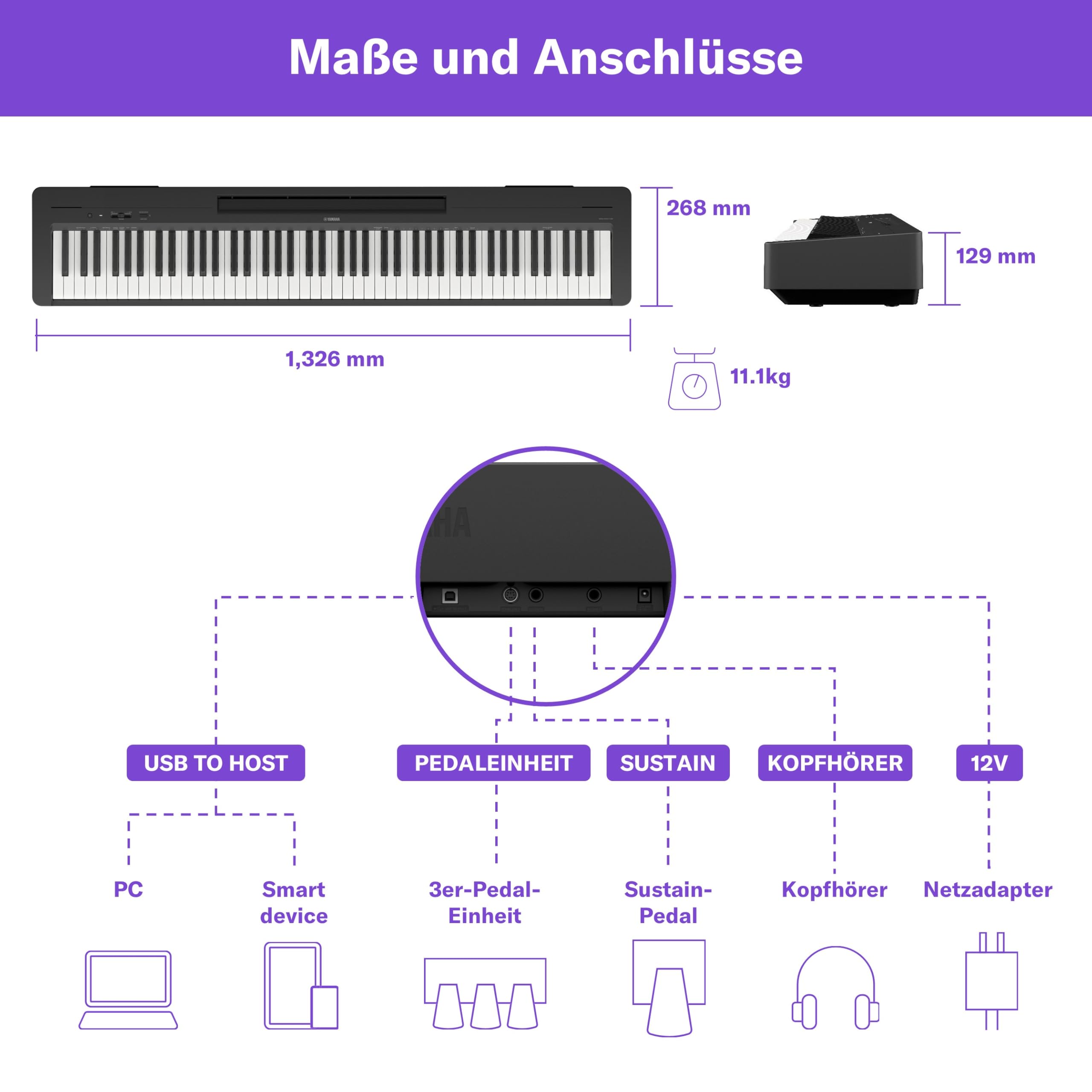 YAMAHA P-145BT Digitalpiano – Integriertes Bluetooth-Audio, tragbares 88-Tasten-Klavier mit Graded-Hammer-Compact-Tastatur, realistisches Spielgefühl und 10 hochwertige Klangfarben – Schwarz