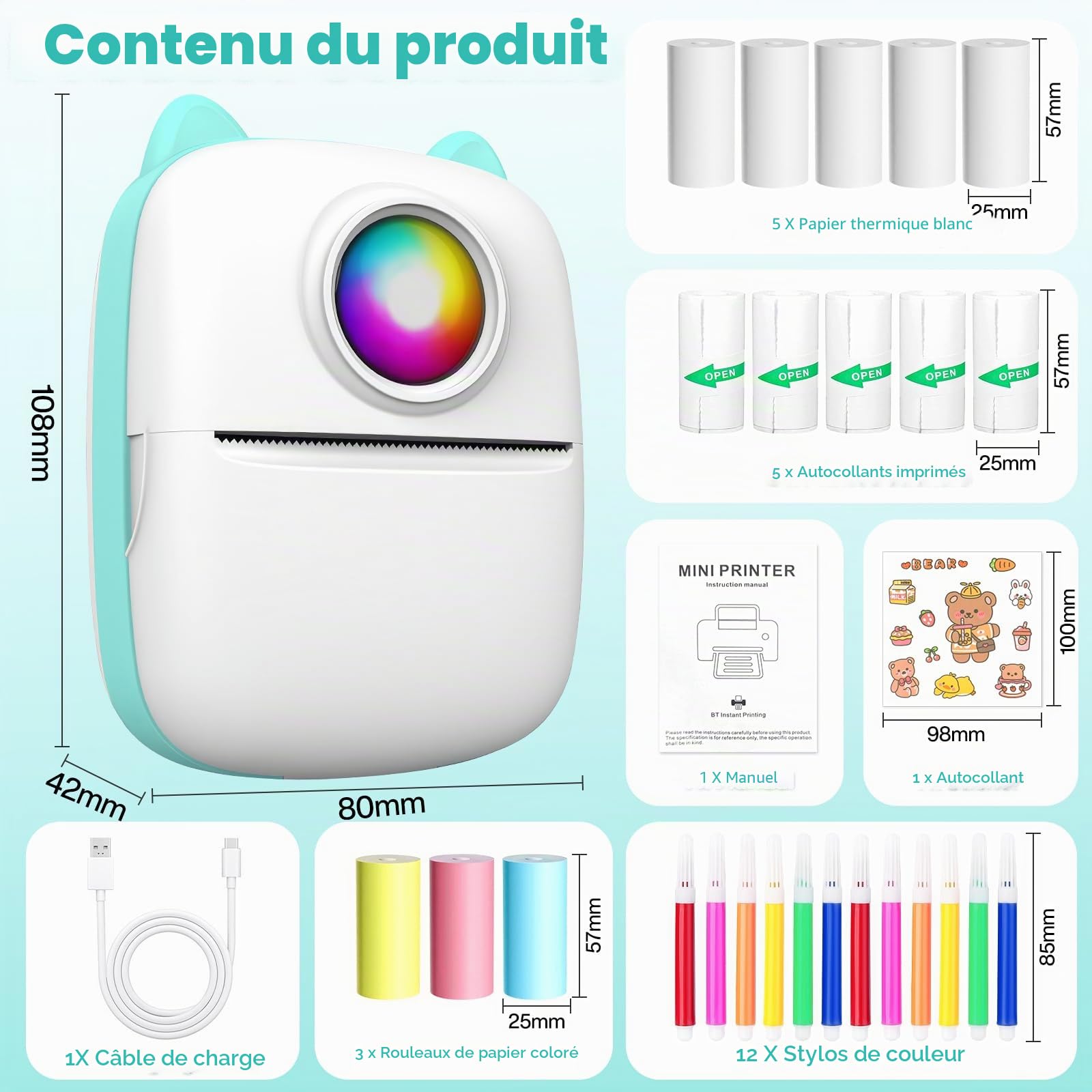Mini Imprimante Thermique Portable Bluetooth sans Encre iOS Android Bleu