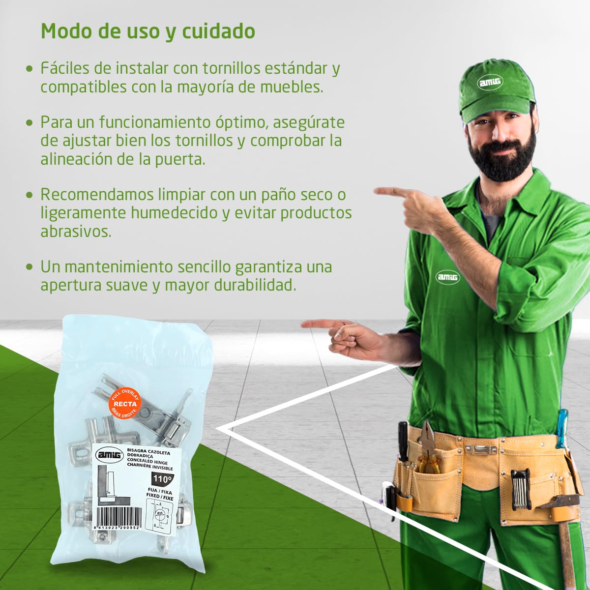 Amig - Pack de 2 Bisagras de Cazoleta Rectas - Ø35 mm - Acero Niquelado - Apertura 110° - Instalación Oculta para Muebles de Cocina, Oficina y Armarios - Tornillos Regulables (No Incluidos)