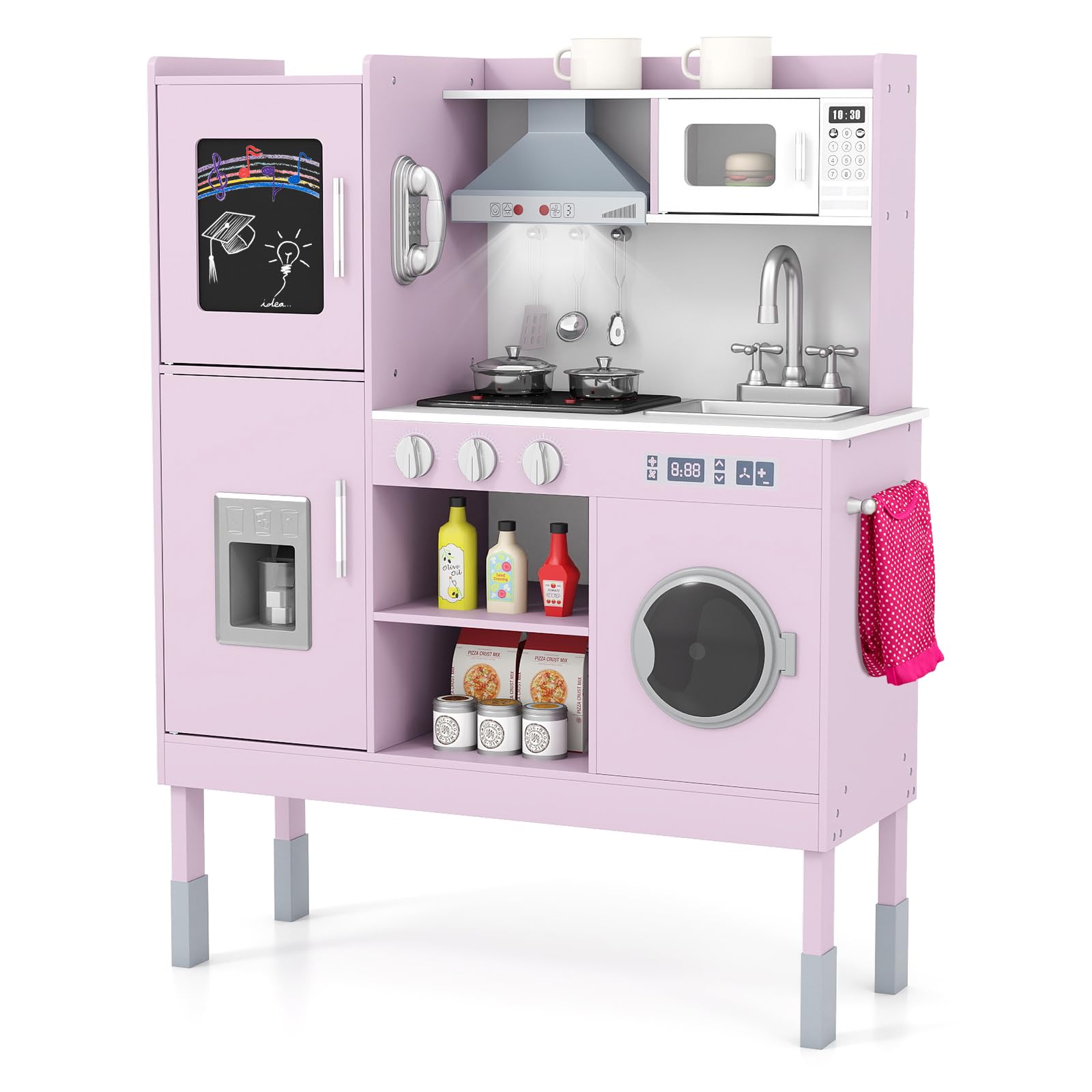 COSTWAY Wooden Kids Play Kitchen, Height Adjustable Pretend Cooking Playset with Light, Sound, Toy Telephone, Ice Maker & 16 PCS Accessories, Children's Chef Role Play Set for Boys Girls (Pink)