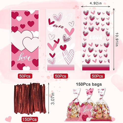 Miniatura 2 de Threetols 150 bolsas de celofán para el día de San Valentín, bolsas de celofán con corazón rojo, bolsas de regalo transparentes de San Valentín,