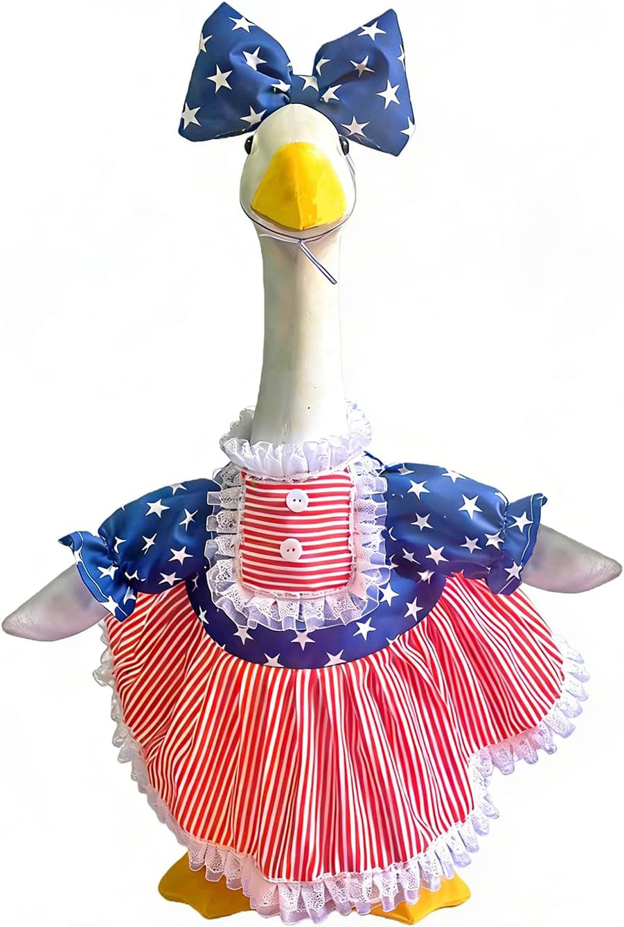 4th of July Porch Goose Outfit Set for 23'' Cement Lawn Goose Statue,Patriotic Star Stripe Dress with Bow,American Independence Day Decor(4th of July)