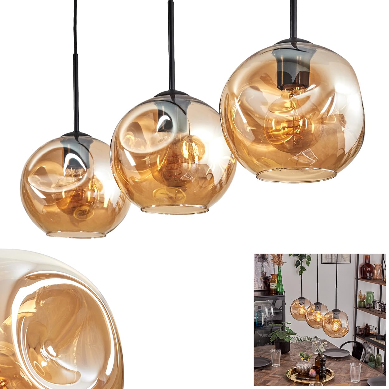 Pendelleuchte Ripoll, Pendellampe aus Metall/Glas in Schwarz/Bernsteinfarben, Leuchte im modernen Retro/Vintage-Design mit Schirmen aus Glas (Ø 20 cm), Höhe max. 132 cm, 3 x E27, ohne Leuchtmittel