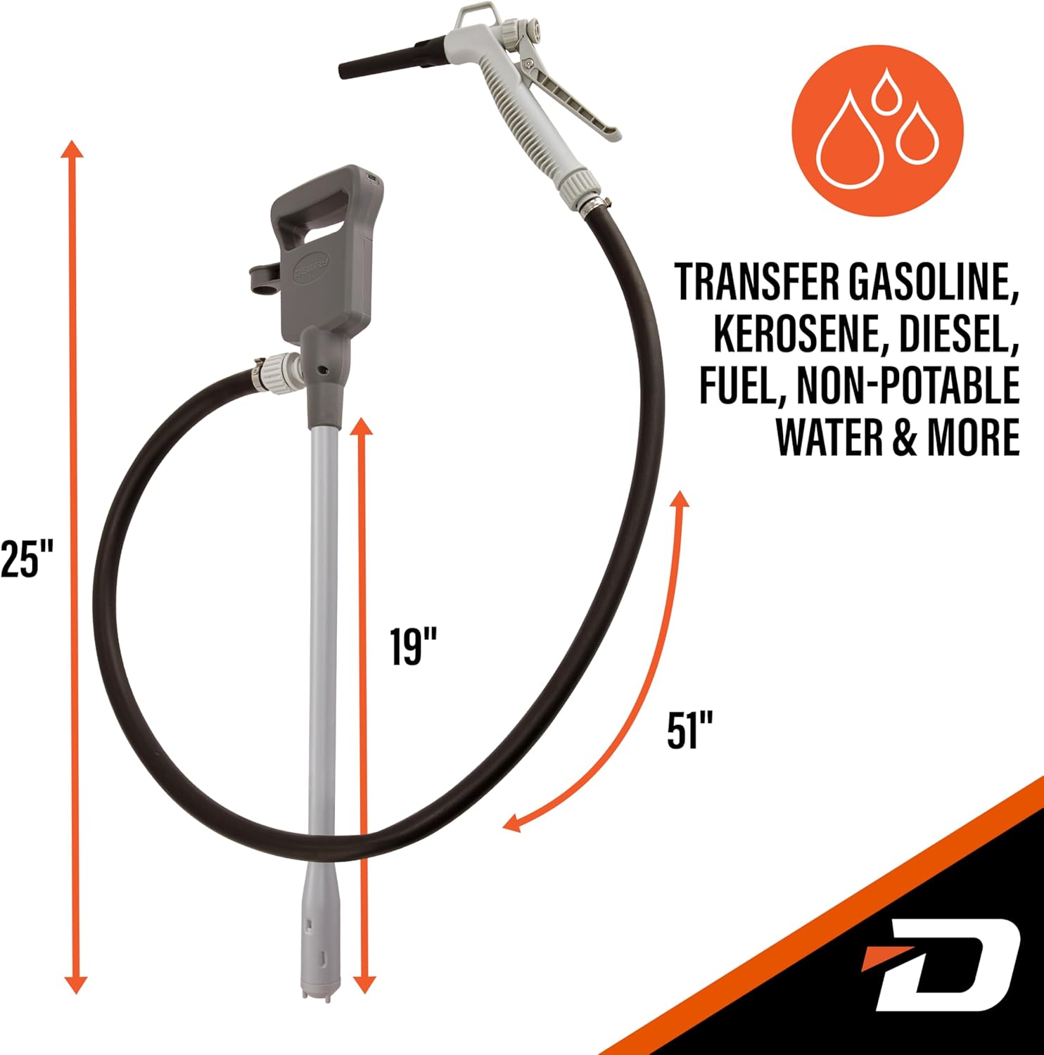 Deway Automatic Fuel Transfer Pump with Nozzle for Quick Flow Control & Stop, 51" Heavy Duty Rubber Hose, Powerful AA Battery Powered w/USB-C Option, Fits All Size Cans, Transfers at 3.8 Gal/Min