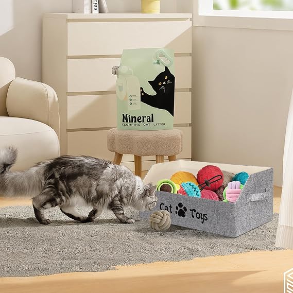 Large Size Cat Toy Box, 50x29x22 cm Collapsible Basket for Cats and Kittens, Pet Storage Box Chest Holder Organizer with Handles for Toys, Clothes and Accessories, Grey (For Cat)