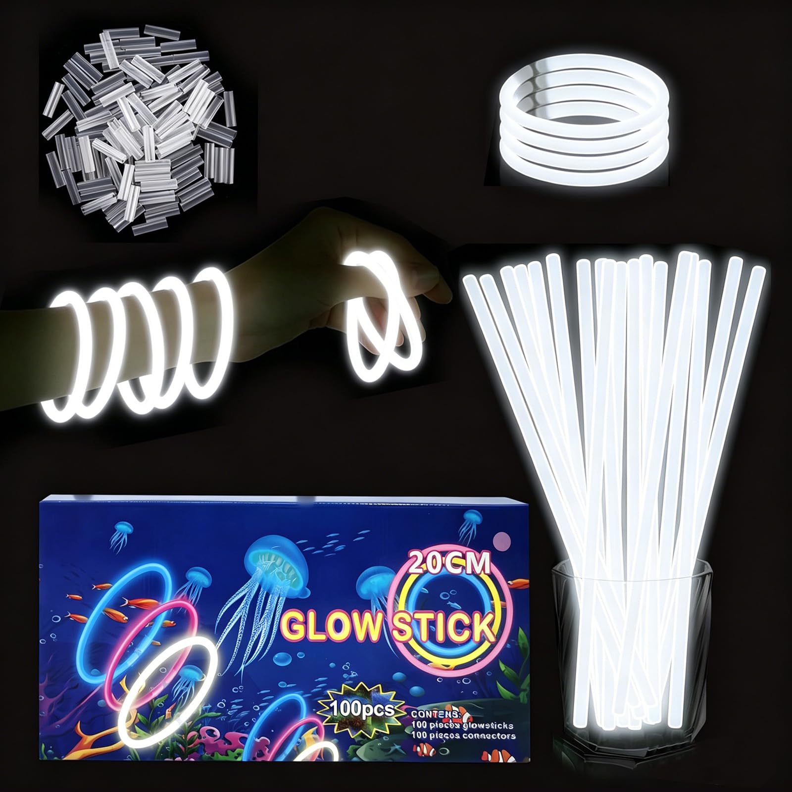 YAAVAAW 100Pcs White Glow Sticks Party Packs,Glow in the Dark Party Supplies,Children Glow Stick Necklaces Bracelets,20cm Glowsticks Bulk for Kids Adults Halloween Christmas Easter Party Bag Fillers — image 1
