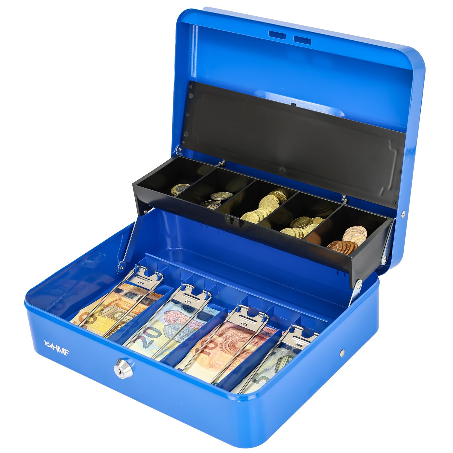HMF 15230-05 - Caja de caudales con cerradura con compartimento para monedas y 4 compartimentos para billetes con pinza | 30 x 24 x 9 cm | Azul