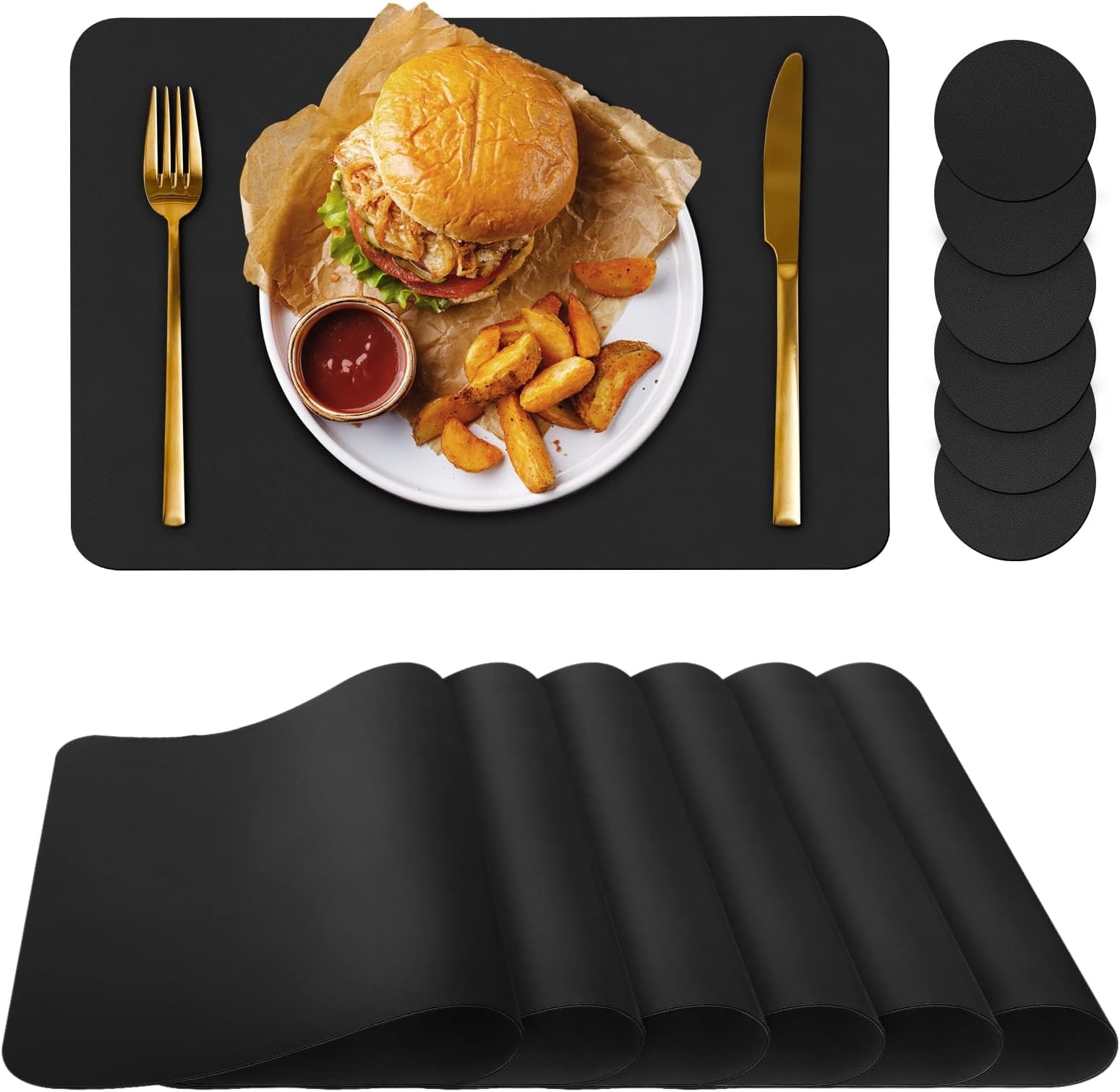 Bacgnyer Placemats Set of 6 Placemat with Coasters Heat Stain Scratch Resistant Non-Slip Waterproof Oil-Proof Washable Wipeable Outdoor Indoor for Dining Patio Table Kitchen Decor and Kids (Black 6)