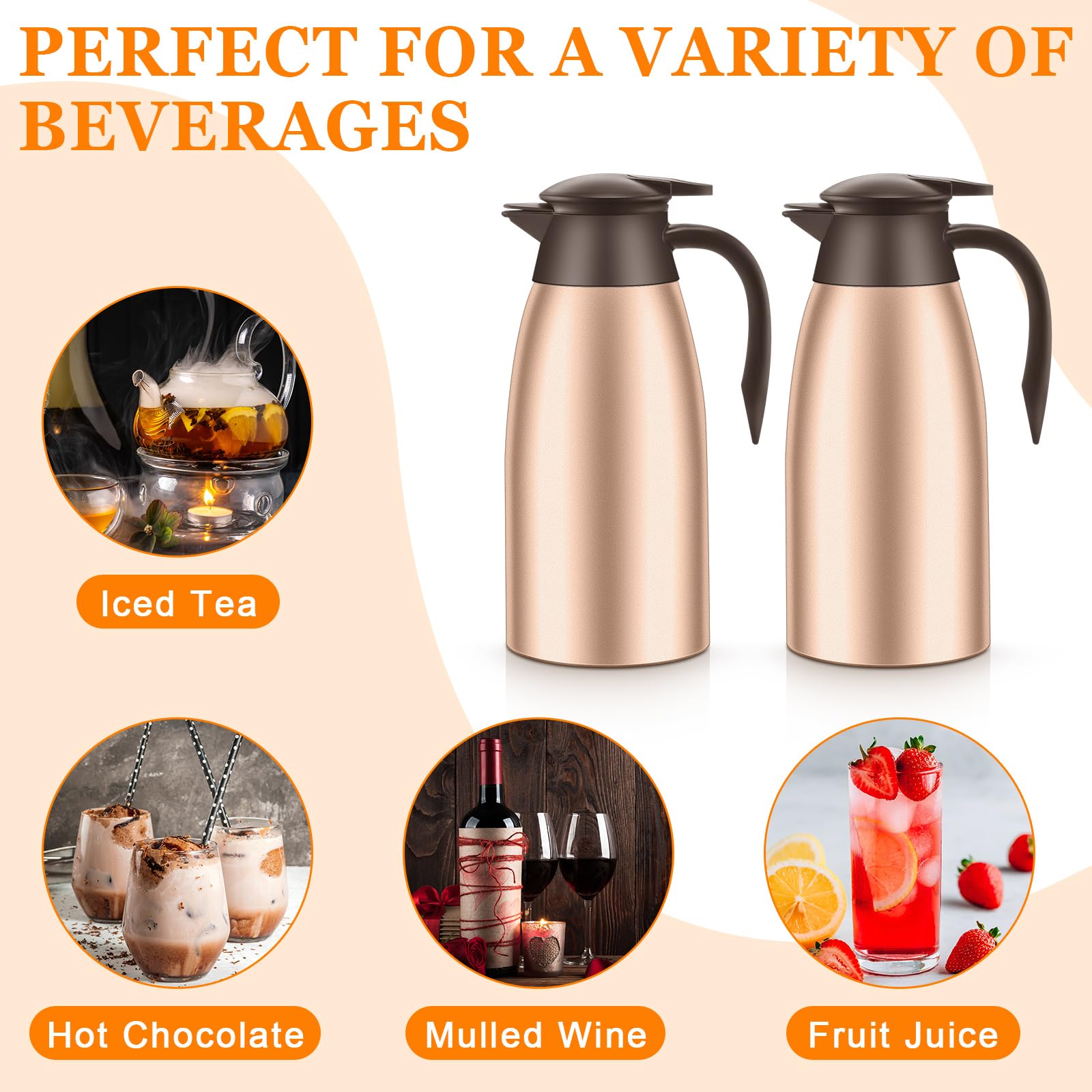 Norme Thermo-Kaffeekaraffe, isolierte Edelstahl-Kaffeekaraffe für heiße Flüssigkeiten, Vakuum, Thermo-Topf, Sahnekänner, Karaffe Spender mit Bürsten, hält Heißwasser Milch (Roségold, 1,9 l), 2 Stück